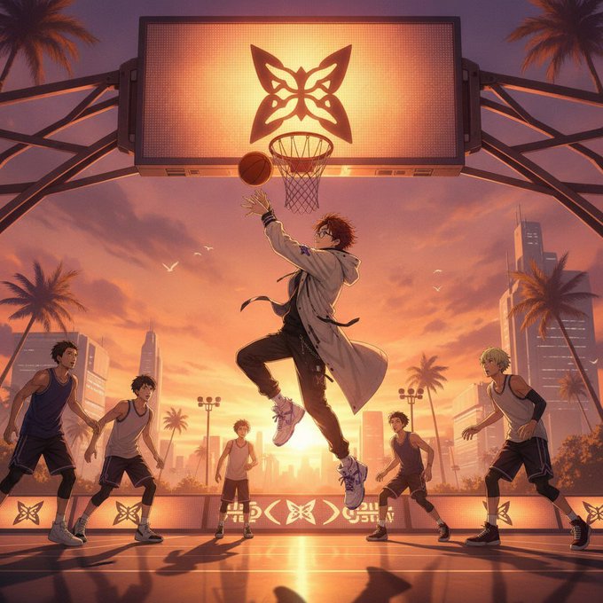 An anime-style illustration of a basketball player performing a slam dunk at sunset on an outdoor court, with palm trees and a city skyline in the background.