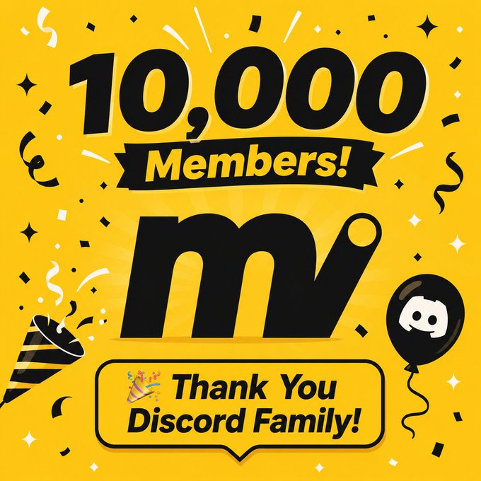 The image shows a yellow background with black text that reads "10,000+ members" followed by an exclamation point and then the word "Moove". The caption below the text explains that the post was created for @moovexyz Discord Server and is related to the Moove Discord Family.