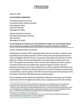 The image shows an August 24, 2026 letter from the Blockchain Association addressed to SEC Chairman Paul Atkins and CFTC Chairman Caroline Pham, requesting joint guidance on "Equity Perpetuals" and "Security-Based Swaps" to coordinate regulatory oversight. The accompanying post highlights the association's push for the SEC and CFTC to collaborate on these products, a key topic referenced throughout the letter's discussion of legislative recommendations under the FIT21 Act and Section 108 of the CFTC Reauthorization Act.