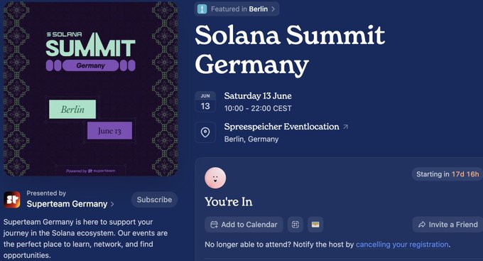 The image shows a promotional screen for the Solana Summit in Berlin, Germany, as displayed on a website or social media platform. The title of the event is "SOLANA SUMMIT -GERMANY", with the date scheduled as Saturday 13 June, and details about a speaker named Berlin and a location in Berlin, Germany. The post also mentions a creator with the handle "@solana-superteam UK" who has become an official @Superteam summit creator after winning the travel grant.