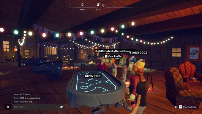 A screenshot from a video game showing a wooden interior decorated with string lights and bunting, where several blocky avatars are gathered around a glowing blue 'P Play Poker' table.