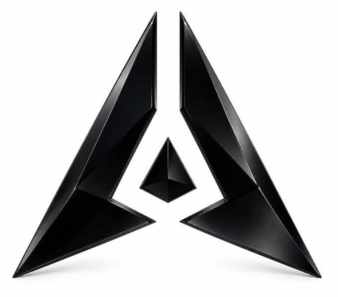 A black 3D geometric logo composed of two larger angled shapes flanking a smaller central pyramid.