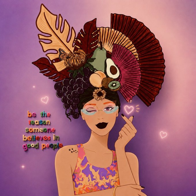 An illustrated woman with an elaborate fruit-and-foliage headdress makes a finger heart gesture, accompanied by the text 'be the reason someone believes in good people'.