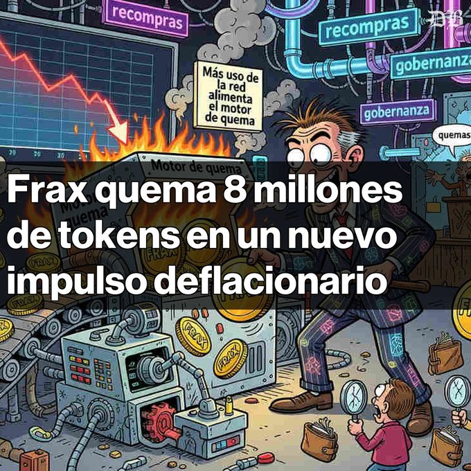 A Spanish-language illustration of a character in a suit tending to a burning machine, with overlaid text stating 'Frax quema 8 millones de tokens en un nuevo impulso deflacionario'.