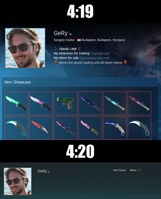 A Steam profile showing user 'GeRy' (Gergely Szabo) from Budapest, Hungary, featuring an Item Showcase of various colorful knives, with the times 4:19 and 4:20 overlaid.