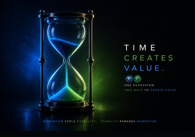 An ornate hourglass with blue and green sand flows alongside the text "TIME CREATES VALUE," "ONE ECOSYSTEM. TWO WAYS TO CREATE VALUE," and the tagline "MOMENTUM FUELS STABILITY, STABILITY REWARDS MOMENTUM." The image visually reinforces the post's message that crypto investors must adopt patience and long-term thinking, as quick profits ("fast bucks") have become rare, and lasting value must be built steadily over time.