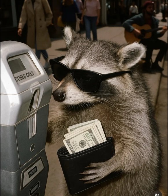 A raccoon wearing sunglasses holds a wallet full of hundred-dollar bills next to a parking meter that reads "COINS ONLY."