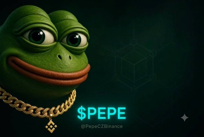 A stylized green Pepe the Frog character wearing a gold chain, with the text '$PEPE' and '@PepeCZBinance' displayed against a dark background.
