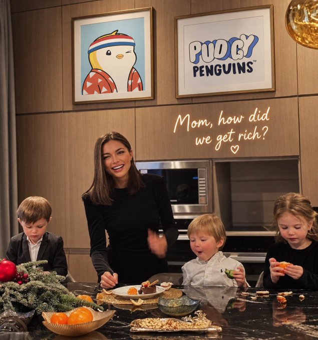 A woman stands in a modern kitchen with three children around an island counter, with 'Pudgy Penguins' artwork on the wall and the text 'Mom, how did we get rich?' with a heart.