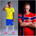 A side-by-side image shows a soccer player in Brazil's iconic yellow and blue kit on the left, and a player in a red jersey (appearing to be a Norway national team kit) on the right. The post celebrates an upset victory, suggesting Brazil lost to a team associated with "Vikings blood" (likely Norway), with the comment about "poly" possibly referring to a match played on artificial turf.