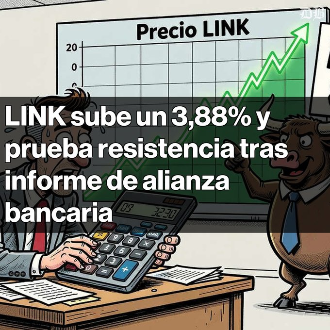 A cartoon illustration of a stressed man at a desk with a calculator, a bullish bull pointing at a rising 'Precio LINK' chart, with Spanish text stating 'LINK sube un 3,88% y prueba resistencia tras informe de alianza bancaria'.