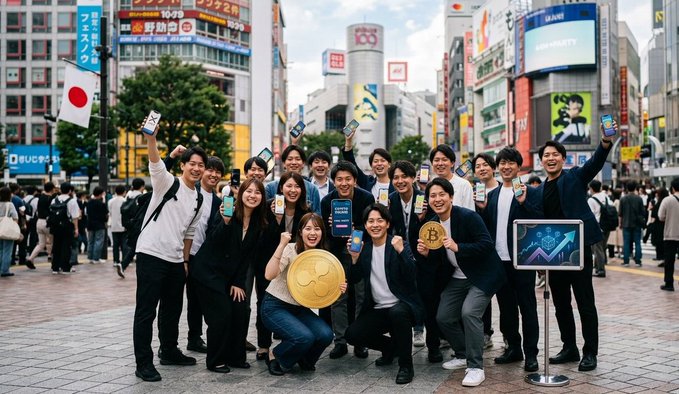 A lively group of people posing together in a bustling Japanese city plaza, celebrating cryptocurrency as they hold up smartphones, a large gold Bitcoin coin, an XRP logo coin, and a digital display showing an upward stock chart, with a Japanese flag visible in the background.