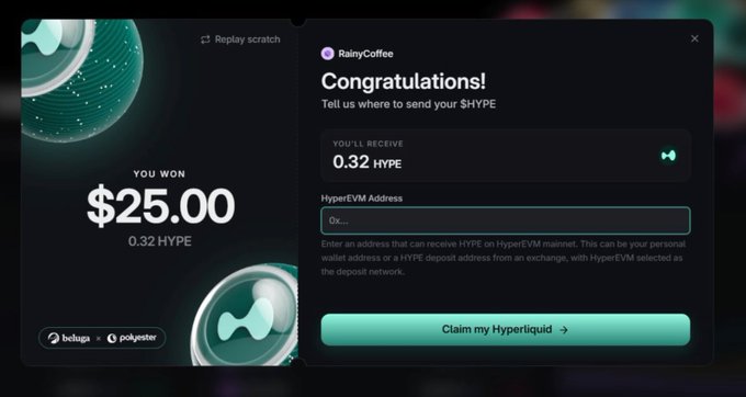 A screenshot showing a 'Congratulations! You Won $25.00 (0.32 HYPE)' popup on RainyCoffee, asking for a HyperEVM address to claim the reward, with Betaga and Polyester logos visible.