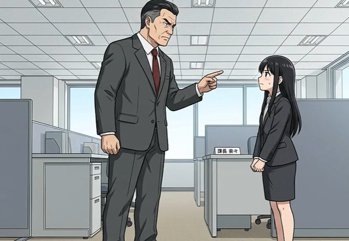 An angry boss points at a concerned female employee in an office, with a nameplate visible that reads "課長 奈々" (Manager Nana). The image relates to the post's narrative about being asked about money usage and the potential for an uncertain future.
