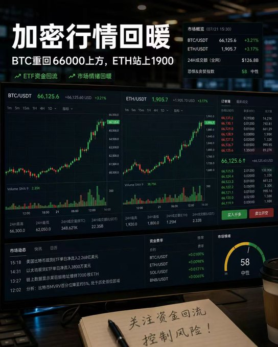 The image displays cryptocurrency market data, showing Bitcoin (BTC) above $66,000 and Ethereum (ETH) above $1,900, with the text "加密行情回暖" (Crypto Market Rebounds) and "BTC重回66000上方, ETH站上1900" (BTC Returns Above 66000, ETH Reaches 1900). The accompanying post indicates that this rebound is more than just sentiment repair.