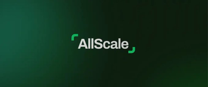A logo for 'AllScale' displayed in white text with green bracket-like accents on a dark green gradient background.