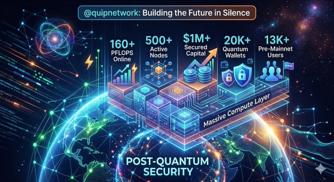 The image features a detailed graphic depicting a future computing environment with a focus on massive computing layers. It highlights that the real alpha lies within these layers, showcasing the technological advancements in this sector. Additionally, there's a post-quantum security element depicted at the bottom of the image, suggesting an ongoing effort to ensure secure data transmission and processing. The background is designed as a futuristic cityscape with lots of stars, planets, and various symbols, which further emphasizes the scientific and technology-oriented theme of the image.