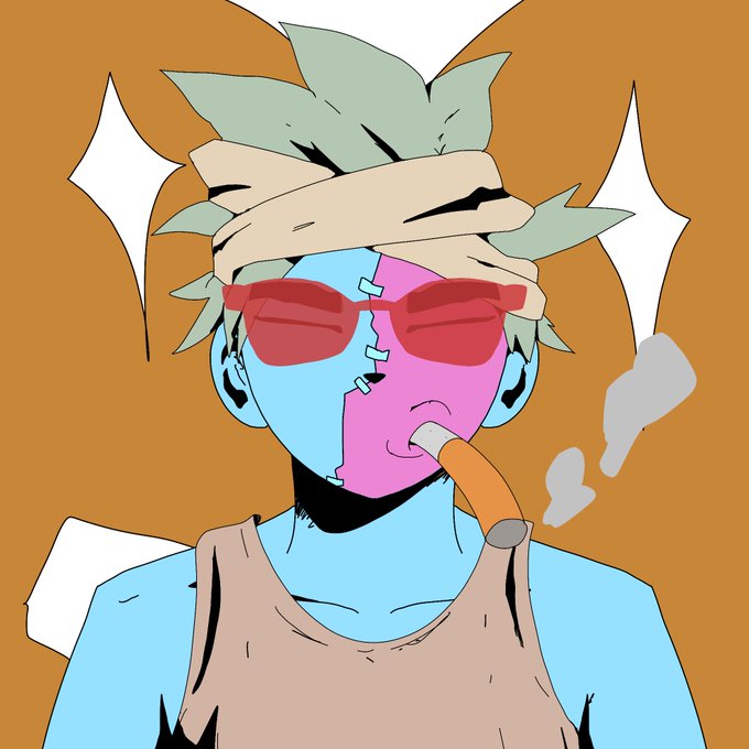 An anime-style illustration of a character with green spiky hair, red sunglasses, a bandaged head, a half-pink half-blue stitched face, and a cigarette in his mouth.