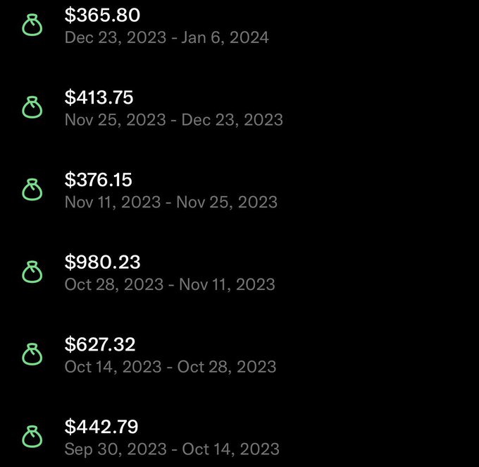The image shows a series of X (formerly Twitter) creator ad revenue payouts from late 2023 to early 2024, ranging from $365.80 to $980.23 across bi-weekly periods from September 2023 through January 2024. The post uses these historical earnings as motivation to encourage continued effort toward content creation, comparing the grind for ad revenue to pursuing a billion-dollar project airdrop.