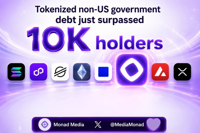 A promotional graphic stating 'Tokenized non-US government debt just surpassed 10K holders' from Monad Media (@MediaMonad), featuring logos of various blockchain networks including Solana, Polygon, Ethereum, Avalanche, and others.