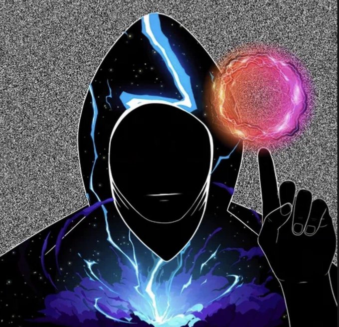 A dark, anime-style illustration of a shadowy humanoid figure with blue energy emanating from its body, pointing a finger upward at a glowing pink and orange energy sphere.