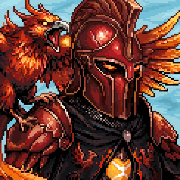 A pixel-art warrior in red armor with a fiery phoenix companion stands ready, symbolizing the new "Knight" welcomed into the Imperium's noble ranks. The fiery bird echoes the Phoenix brand mentioned in the welcoming post.