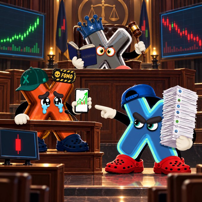 A 3D-style cartoon set in a courtroom featuring three 'X' logos with arms, legs, and Crocs: a green-capped orange 'X' labeled 'FOMO' crying, a gray 'X' wearing a crown and holding a gavel and an 'ALGORITHM' book, and a blue 'X' holding a stack of papers and pointing angrily.