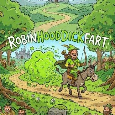 We need to write a concise 1-2 sentence caption describing what is in the image, including key text, numbers, tickers, names visible. Also note how the image relates to the post. So caption should mention the title "ROBINHOODDICKFART", the cartoon Robin Hood on a donkey, the green fart cloud, etc. Also mention the ticker $ROBINHOODDICKFART. Keep it concise 1-2 sentences.

We need to incorporate that the image is a meme related to launching a token on Robinhood chain. So caption: "A cartoon Robin Hood riding a donkey releases a massive green fart on a forest path, with the bold title 'ROBINHOODDICKFART' and the ticker '$ROBINHOODDICKFART' displayed, humorously referencing the launch of the token on the Robinhood chain." That's one sentence maybe two. Let's make