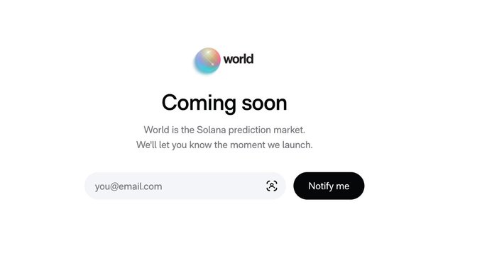 A "Coming soon" landing page from World (world_xyz) with the tagline "World is the Solana prediction market. We'll let you know the moment we launch," featuring an email signup field with a "Notify me" button. The page teases the upcoming launch date that users are being asked to predict in the accompanying contest.