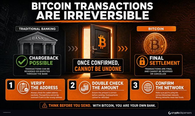 An infographic titled 'BITCOIN TRANSACTIONS ARE IRREVERSIBLE' by cryptodispensers, comparing traditional banking (chargeback possible) with Bitcoin (final settlement), with steps: verify address, double check amount, confirm network.