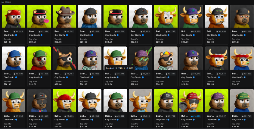 The image shows a marketplace listing of 90 NFT items from the "Clay StonKz" collection, featuring cartoonish bear and bull characters wearing various hats and accessories, with each item priced at #20.86 (Clay StonKz). The listing is ranked 5,748/5,869, supporting the poster's claim of acquiring 90 Clay StonKz to become the #2 holder in what they describe as an iconic PFP (profile picture) collection.