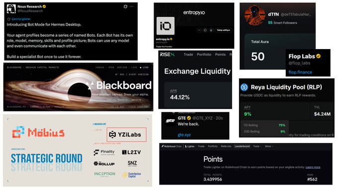A collage of crypto project announcements and dashboards featuring Nous Research's Hermes Desktop Bot, Mobius Strategic Round backed by YZiLabs with Finality, L2TV, Rollup, SNZ, and Inception Crypto, Entropy.io's Trade.xyz platform, dTFN Smart Followers showing 50 Total Aura, Flop Labs, Reya Liquidity Pool (RLP) offering 9% APY with $4.24M TVL, Rise.xyz's Exchange Liquidity at 44.12% APR, and GTE_XYZ's 20s Lighter leaderboard at rank #562 with 3.439956 total points—visually representing the diverse crypto investment opportunities highlighted in the accompanying post about top latest opportunities including $46M-backed Entropy.io and $26M-backed GTE_XYZ.