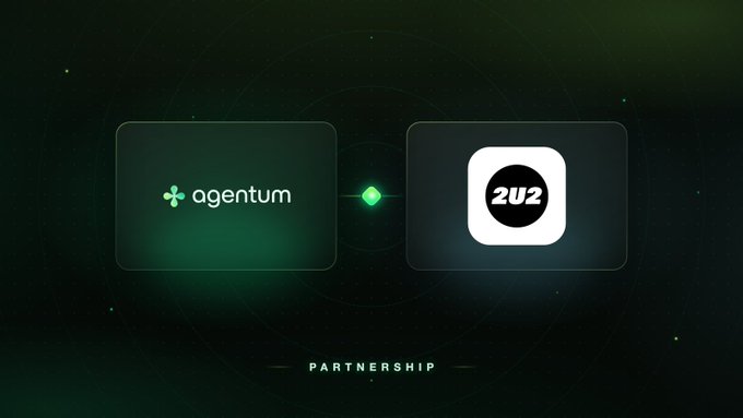 A partnership announcement graphic showing the logos of 'agentum' and '2U2' connected by a green diamond, with the word 'PARTNERSHIP' below.