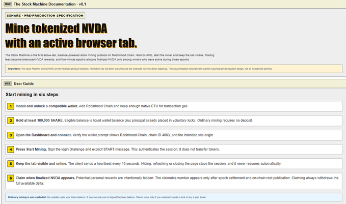 A screenshot of the "The Stock Machine Documentation v0.1" for the $SHARE pre-production specification, featuring a headline that reads "Mine tokenized NVDA with an active browser tab" and a six-step user guide for starting mining of tokenized NVIDIA stock via Robinhood Chain. The image supports the post's argument that $SHARE miners are rewarded in tokenized $NVDA rather than additional $SHARE tokens, reinforcing the claim that there is no inherent sell pressure on $SHARE from the mining mechanic itself.