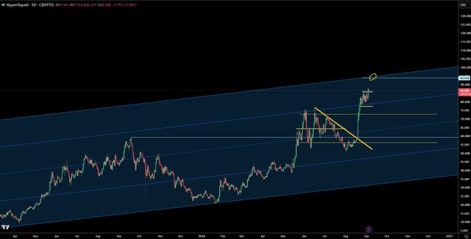 A TradingView daily chart for Hyperliquid (CRYPTO) showing a strong upward price movement breaking out of a parallel channel, annotated with yellow trendlines and price levels near $70.