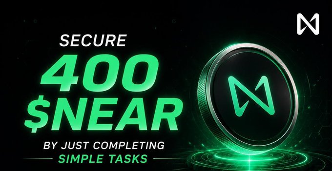 A promotional graphic for the Near Protocol (NEAR) cryptocurrency offering 'SECURE 400 $NEAR BY JUST COMPLETING SIMPLE TASKS', featuring a glowing NEAR coin.