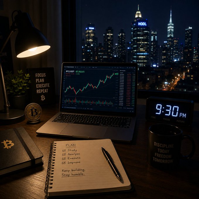 A nighttime desk scene with a laptop displaying a Bitcoin (BTC/USDT) candlestick chart at $57,952.01, alongside a notebook with a 'PLAN' checklist ('Study, Analyze, Execute, Improve'), a Bitcoin-branded mug reading 'DISCIPLINE TODAY FREEDOM TOMORROW', a 'FOCUS PLAN EXECUTE REPEAT' sign, and a digital clock showing 9:30 PM.