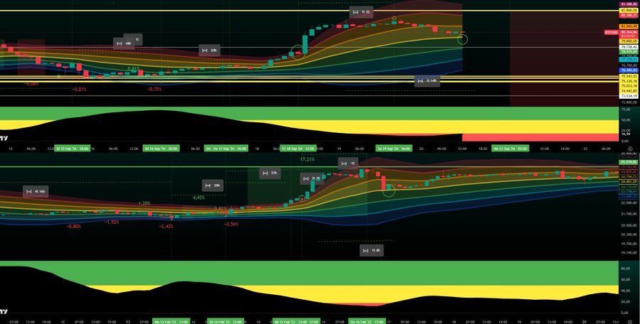 A financial chart displays Bitcoin price action with colored volatility bands, where the red-candle Saturday top near ~$79,000 transitions into a small correction as the indicator moves into the yellow/red "Paranoia" zone at the bottom, matching the post's observation about an expected Saturday peak followed by a pullback.