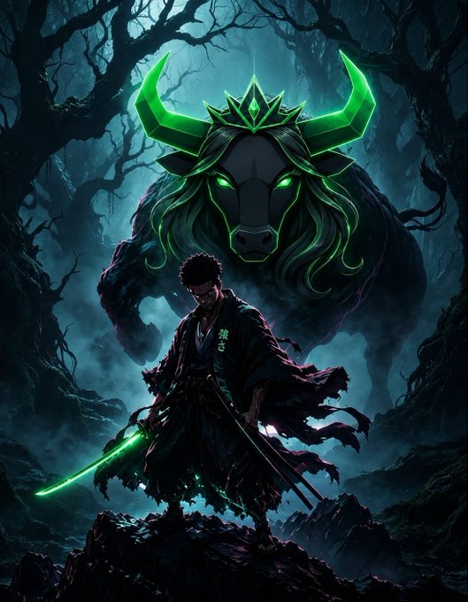 A dark fantasy digital artwork showing a samurai wielding a glowing green sword while facing a massive, glowing-eyed horned beast in a shadowy forest.