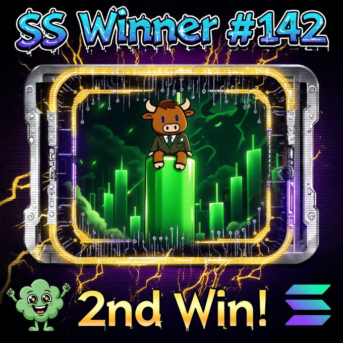 A digital graphic with the text 'SS Winner #142' at the top and '2nd Win!' at the bottom, featuring a cartoon bull in a suit sitting on a green glowing candlestick chart within a cracked screen frame.