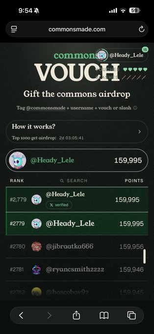 Screenshot of a mobile browser displaying the commonsmade.com 'Vouch' airdrop leaderboard, with user '@Heady_Lele' (verified) at rank #2,779 with 159,995 points.