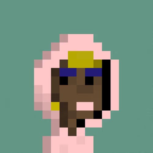 A pixel art portrait of a person with dark skin, wearing a yellow headband and blue headband, set against a teal background.