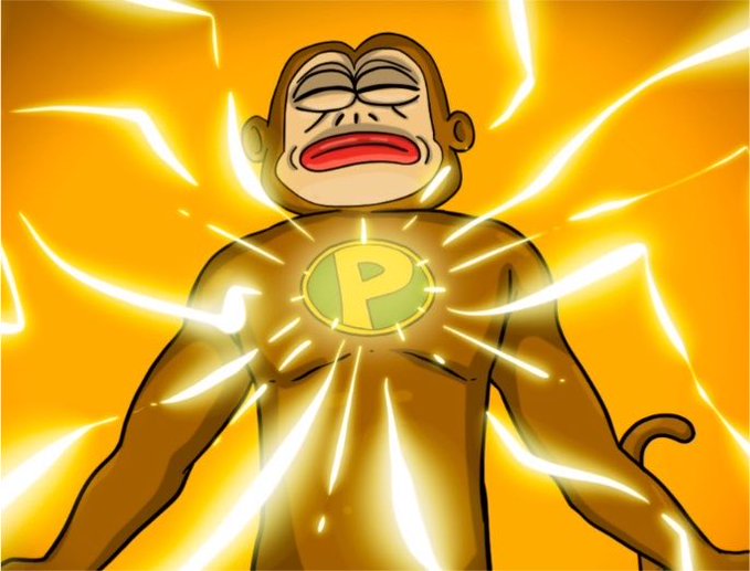 An illustrated ape wearing a yellow suit with a 'P' emblem stands in a powerful pose surrounded by golden lightning bolts.