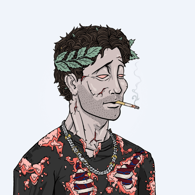Illustration of a gaunt figure with a laurel wreath, bloodied t-shirt, and cigarette, wearing a chain necklace.