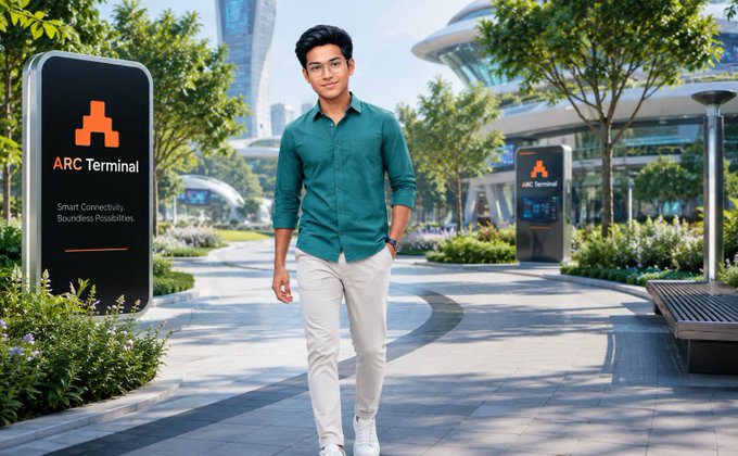 A young man in a teal shirt and white pants walks through a futuristic, landscaped plaza featuring 'ARC Terminal' signage with the tagline 'Smart Connectivity. Boundless Possibilities.'