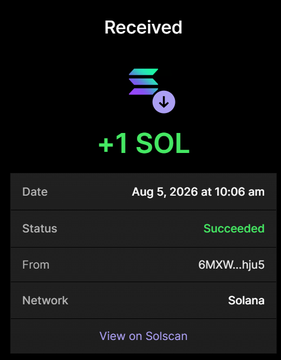 A screenshot of a successful Solana wallet transaction showing a received payment of "+1 SOL" dated Aug 5, 2026, from address 6MXW...hju5. The image appears to be promotional evidence for a "$BULLKING" presale, likely demonstrating a sample SOL deposit.