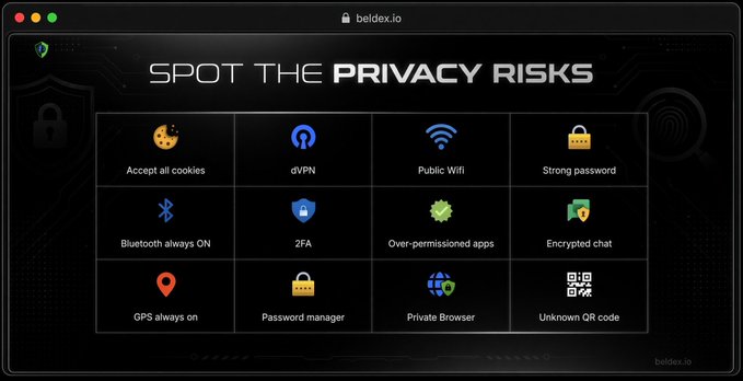 Web interface from beldex.io titled 'SPOT THE PRIVACY RISKS' displaying a grid of 12 privacy-related icons such as Accept all cookies, dVPN, Public Wifi, Strong password, and others.