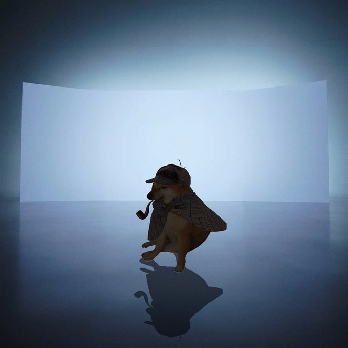 A small dog dressed in a Sherlock Holmes detective outfit, complete with a deerstalker hat and cape, sits in a minimalist studio setting with a reflective floor.