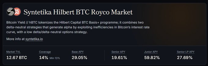 A Syntetika market summary for the "Hilbert BTC Royco Market" on the Bitcoin Yield // hBTC tokenized basis trading program, showing a 59.82% Junior APY, 29.05% Base APY, 12.67 BTC TVL, and 14% coverage—visually supporting the post's excitement about earning ~60% APY in actual BTC rather than memecoins or points.