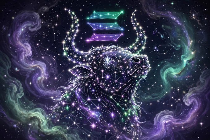 A cosmic, constellation-style bull is set against a swirling purple and teal nebula, with a glowing neon Solana logo hovering between its horns. The artwork visually reinforces the post's bullish sentiment toward $SOL by depicting the cryptocurrency's symbol atop a powerful, star-forming bull charging through space.